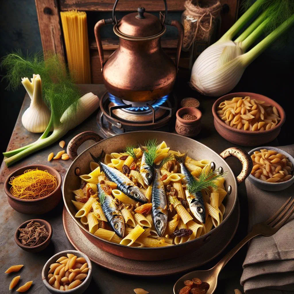 Sicilian pasta con le sarde with sardines, fennel and toasted pine nuts