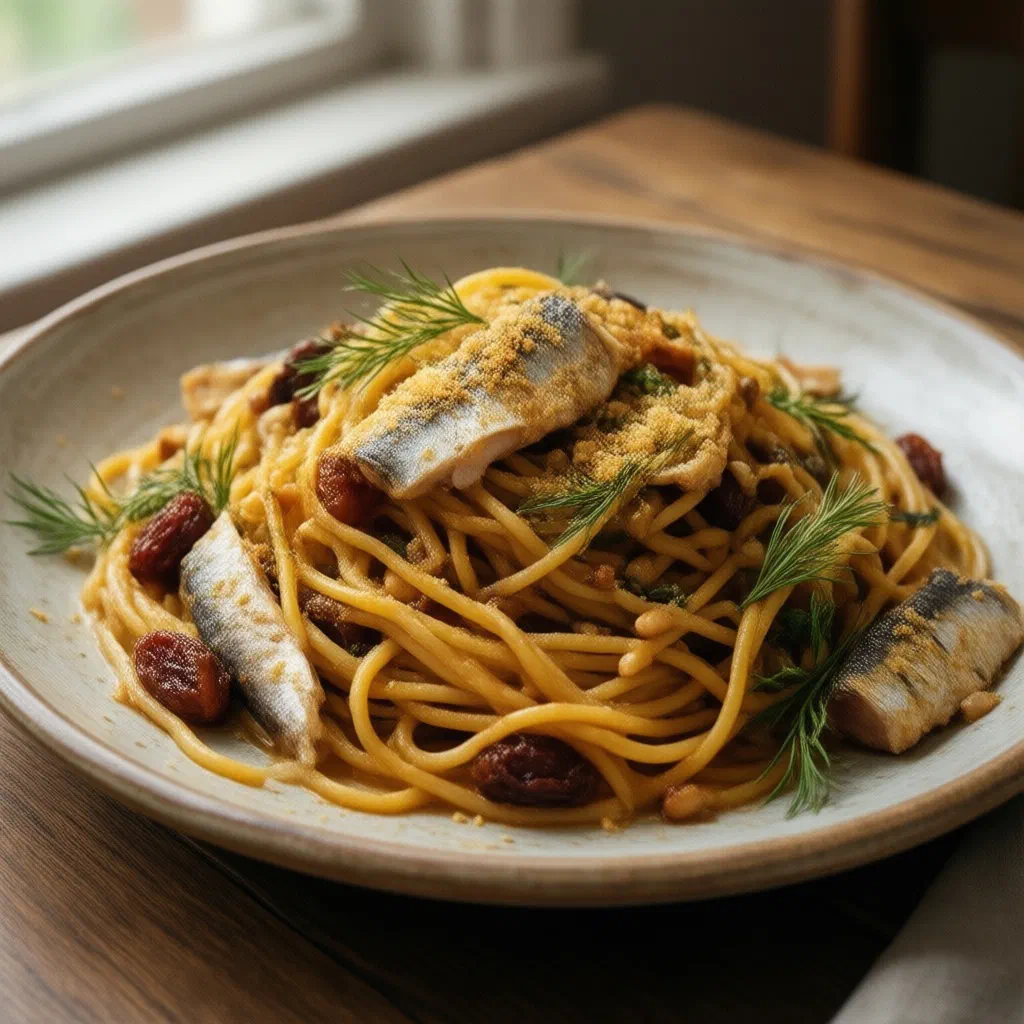 Sicilian pasta con le sarde with sardines, fennel and toasted pine nuts