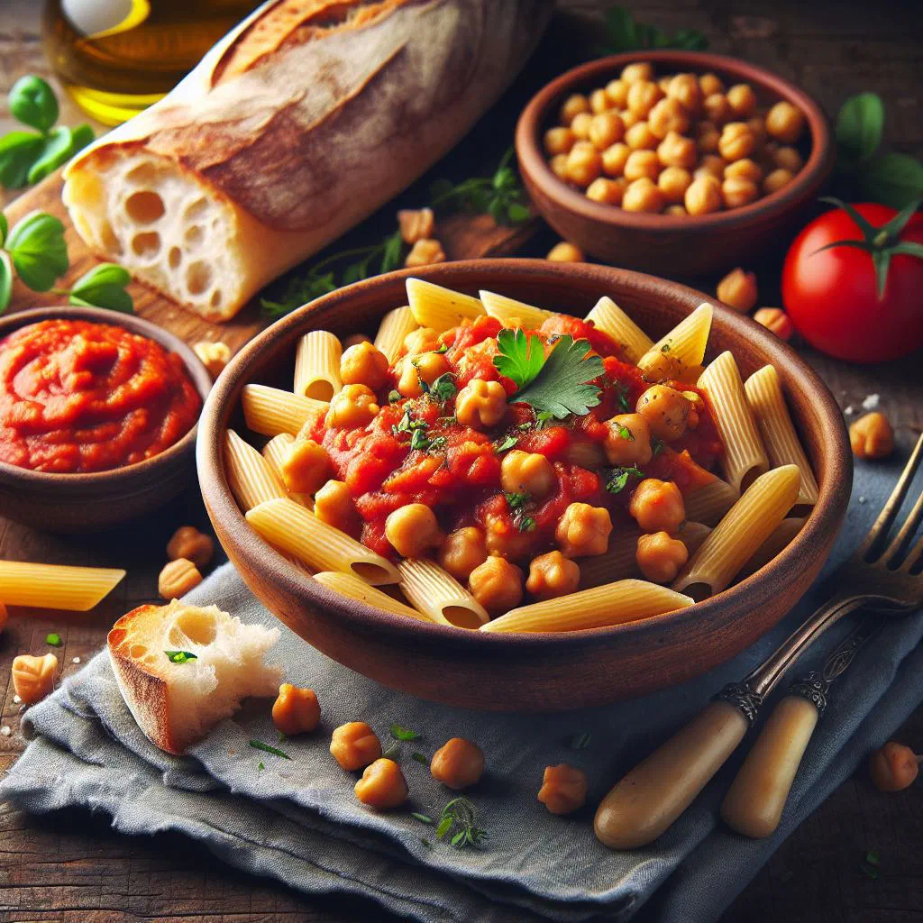A bowl of pasta e ceci with chickpeas and small pasta in a herby broth