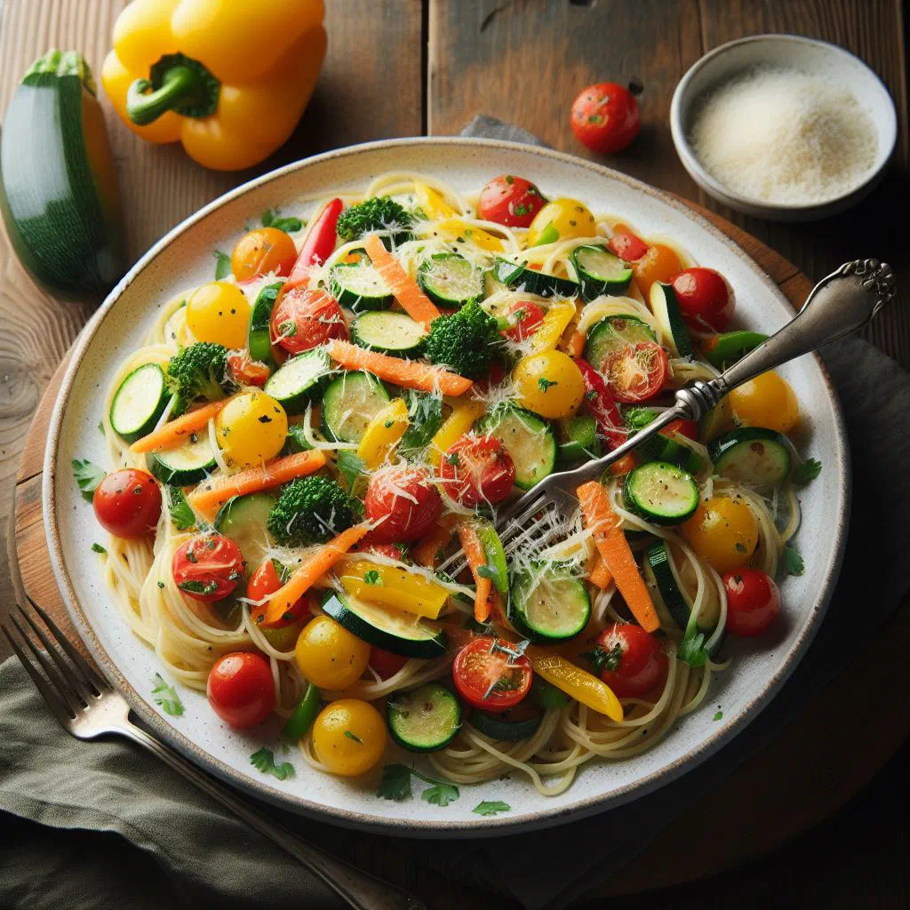 Colourful pasta primavera tossed with fresh spring vegetables