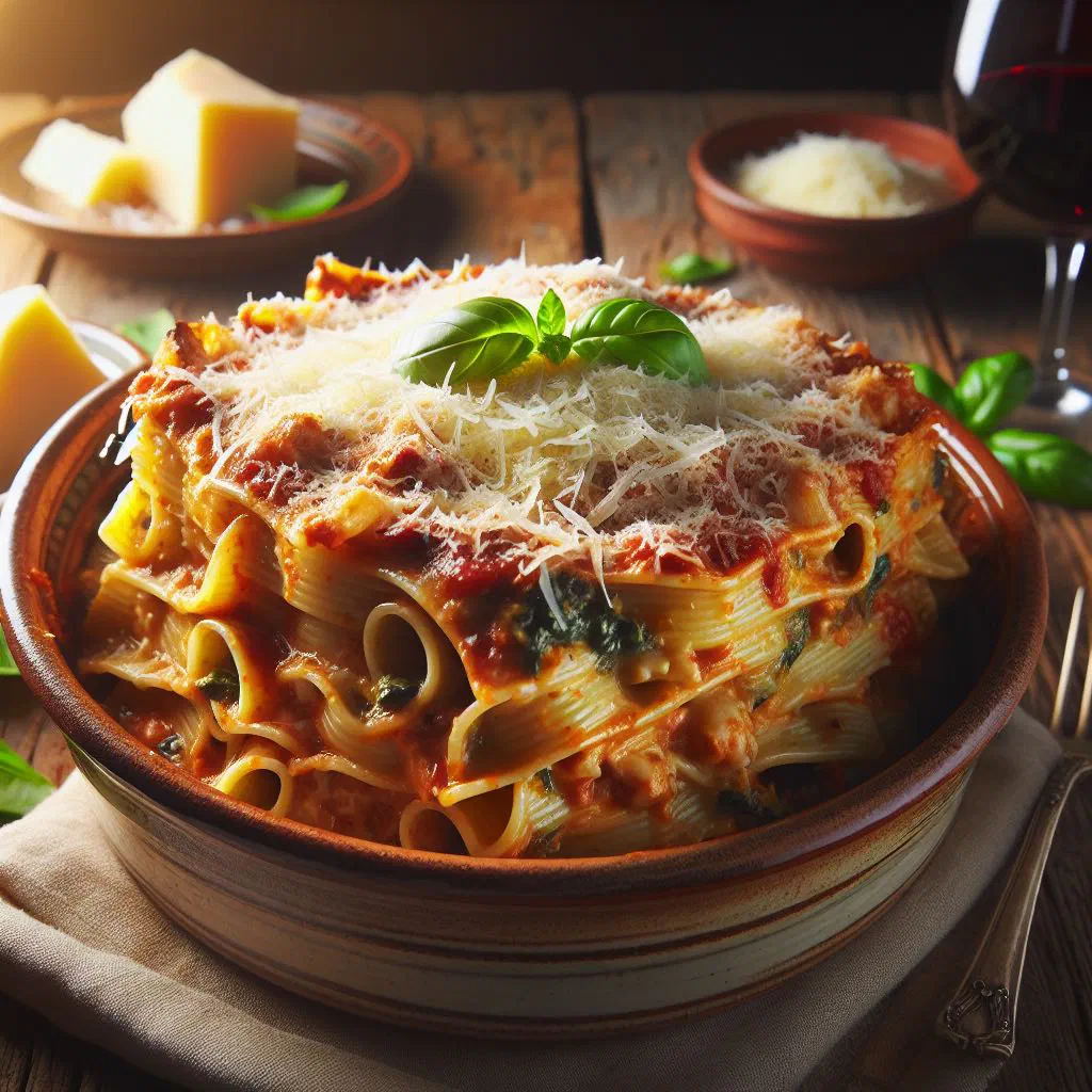 Golden baked pasticcio di pasta in a dish with melted cheese on top