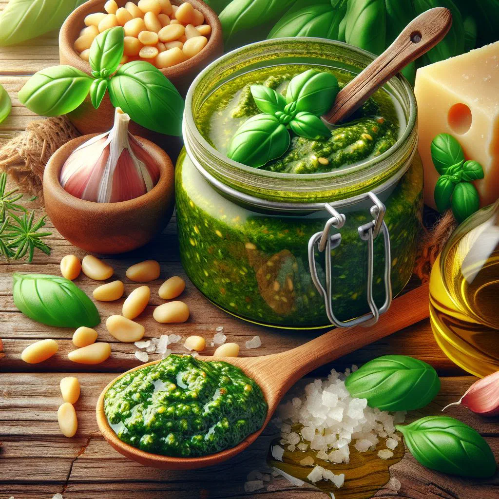 A bowl of fresh green pesto alla genovese with basil leaves and pine nuts