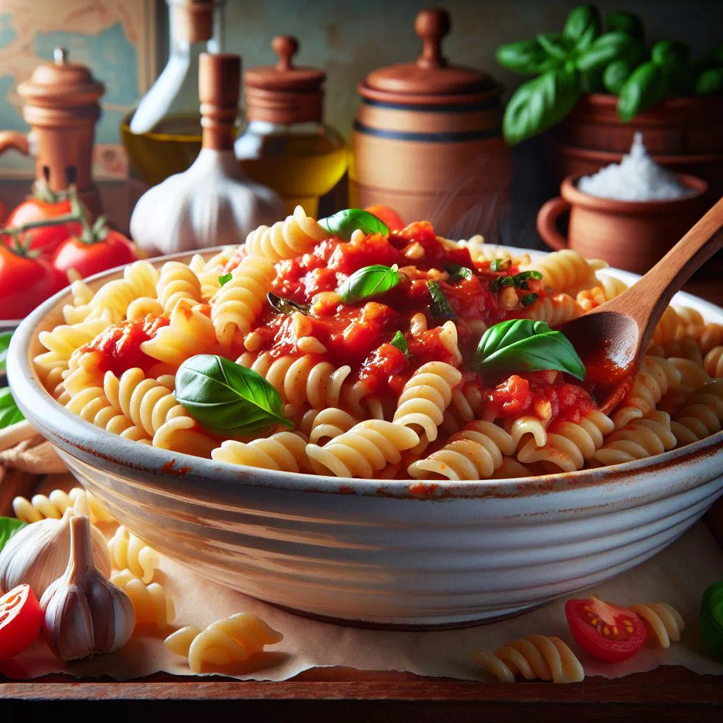 Thick hand-rolled pici pasta in a garlicky tomato sauce, garnished with fresh basil