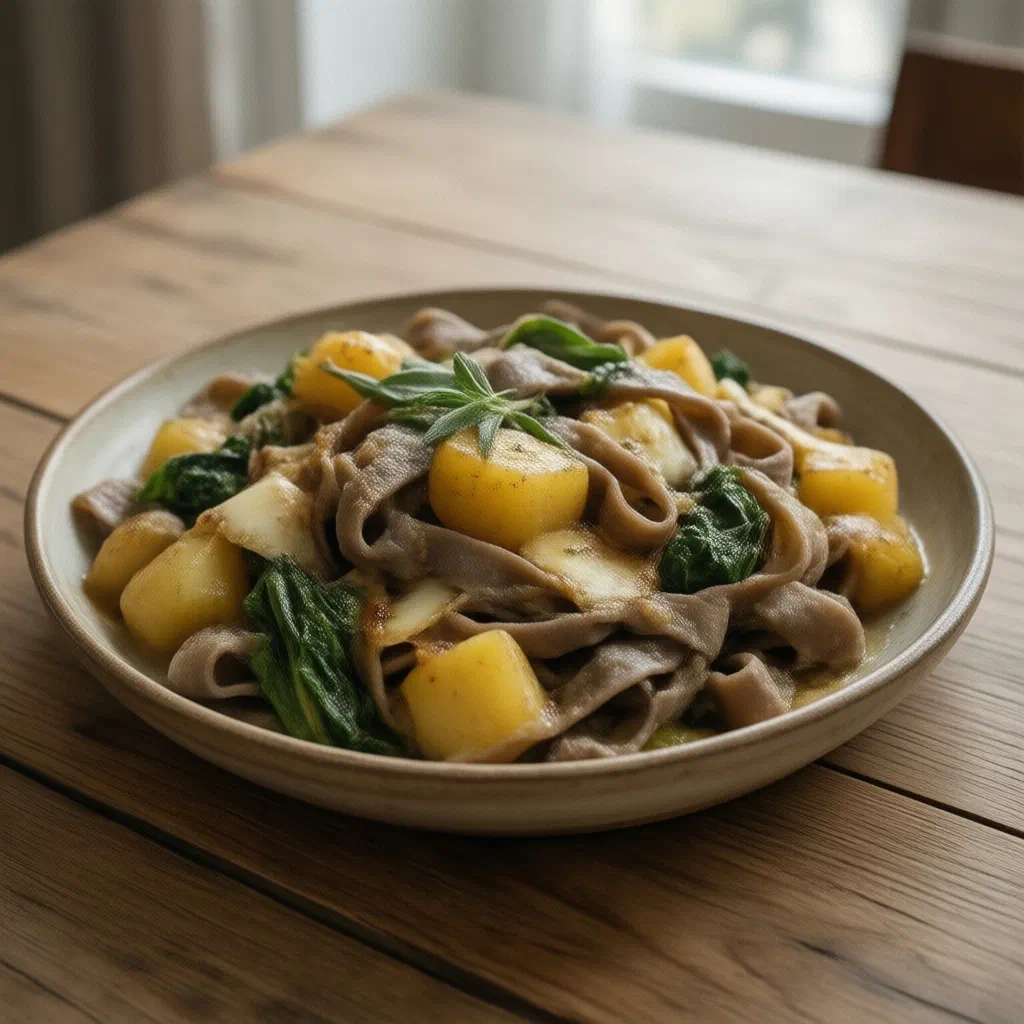 Pizzoccheri della Valtellina with buckwheat noodles, greens and melted cheese