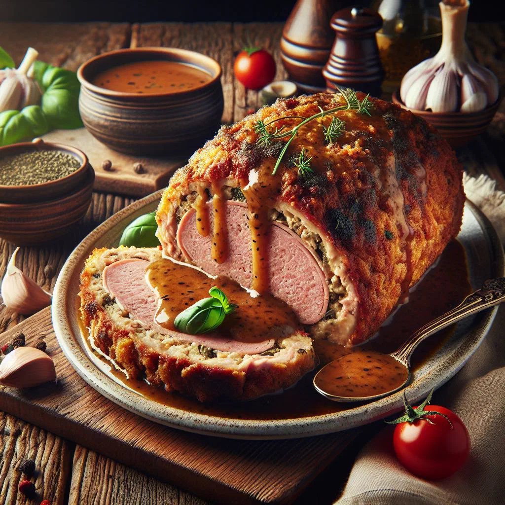 Sliced Italian stuffed meatloaf revealing a spinach and cheese filling
