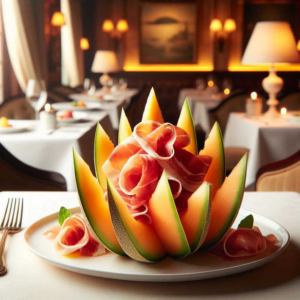 Slices of cantaloupe melon wrapped in prosciutto on a serving plate