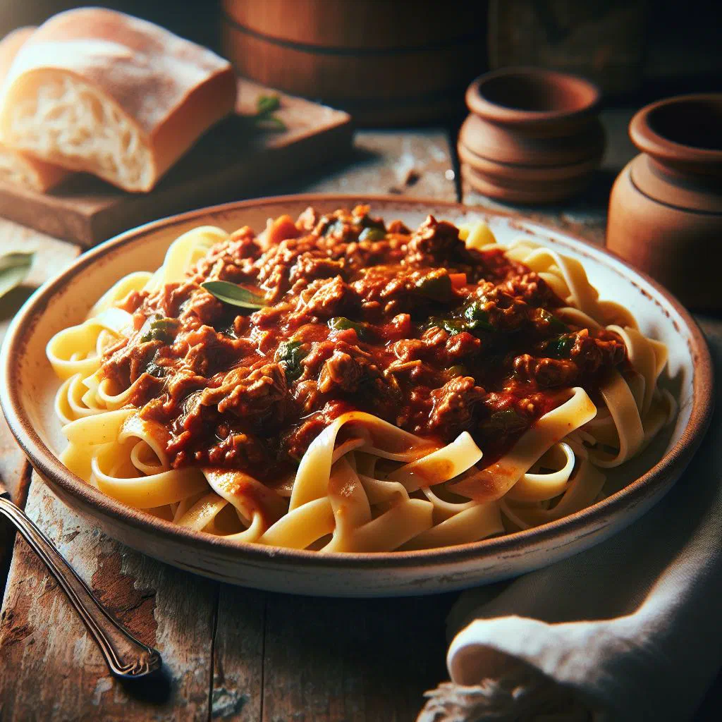 Ragu alla Bolognese served over tagliatelle with grated cheese and basil