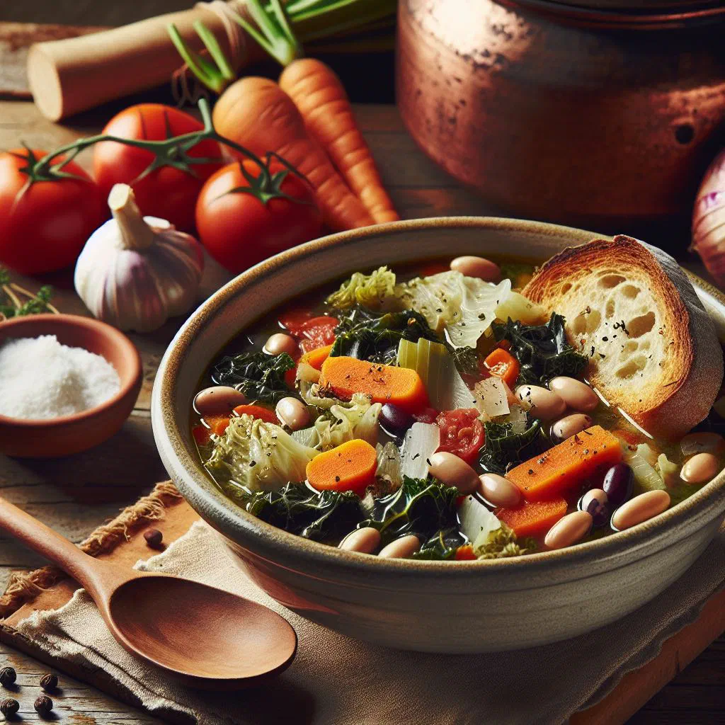 A rustic bowl of Tuscan ribollita drizzled with olive oil and fresh herbs