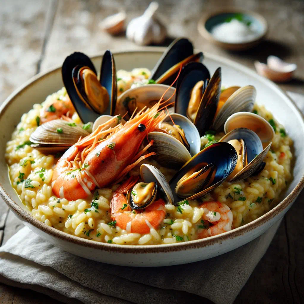 Creamy seafood risotto with prawns, mussels and parsley in a deep bowl