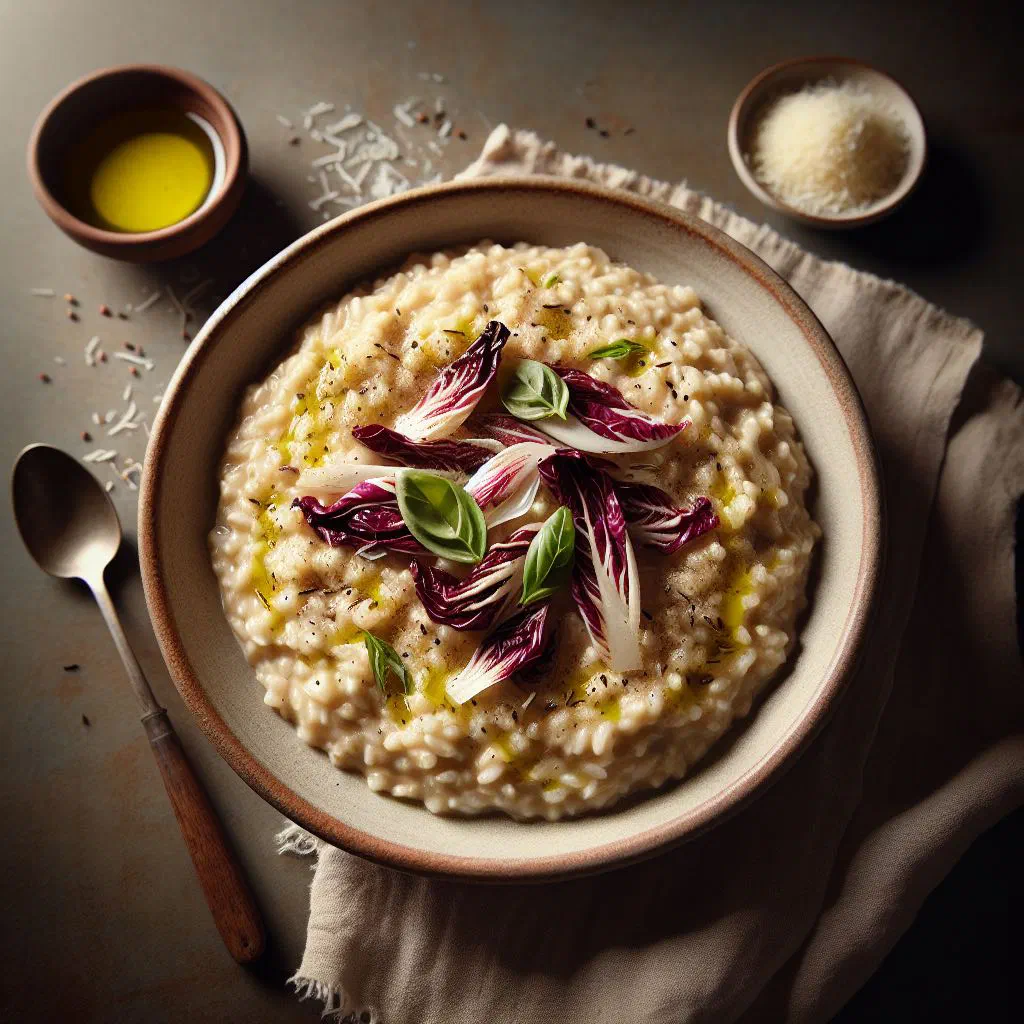 Creamy risotto con radicchio garnished with fresh herbs