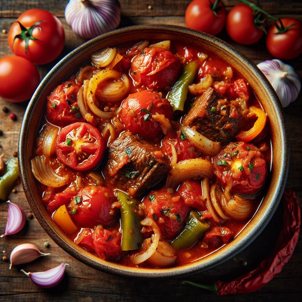 A rustic pan of salsa cacciatora made with tomatoes, onions and herbs