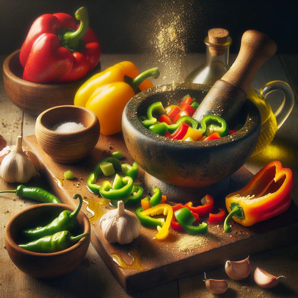 Vibrant red and yellow Italian pepper sauce in a bowl with fresh basil