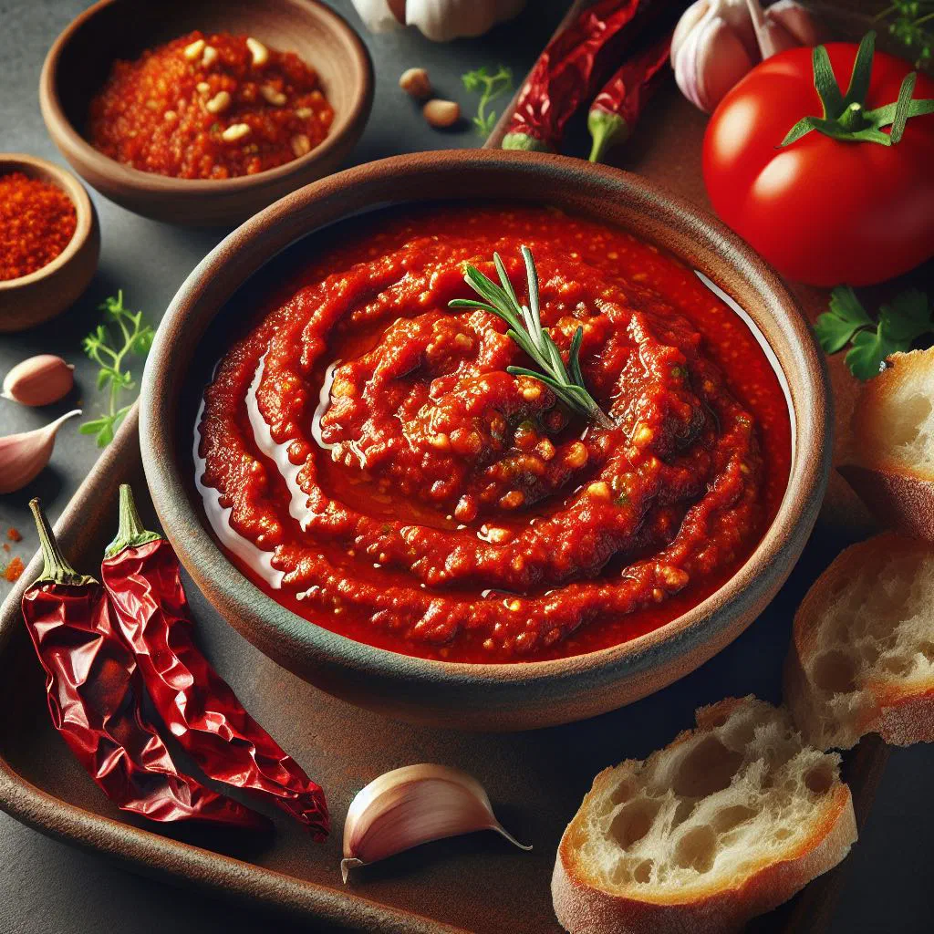 A bowl of vibrant red salsa romesco garnished with toasted almonds