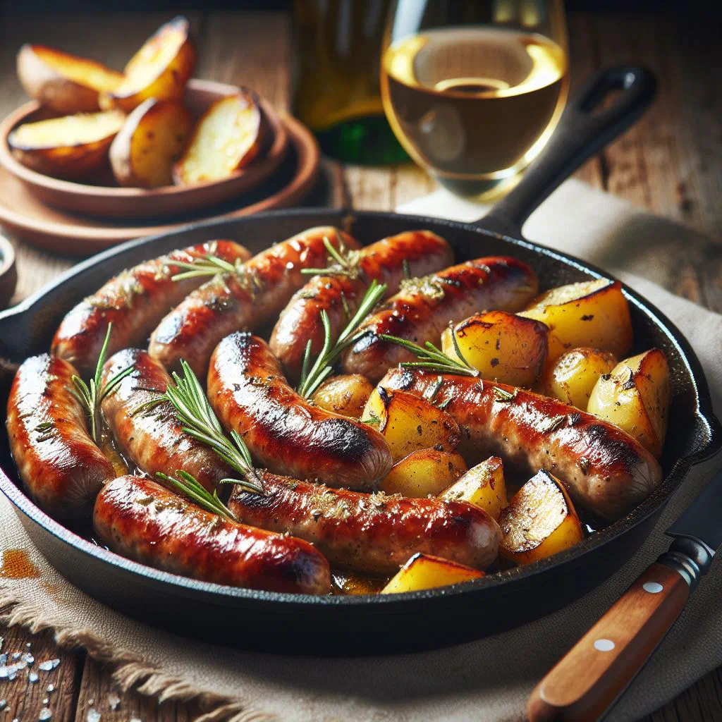 Pan of Italian sausage with golden potatoes and herbs