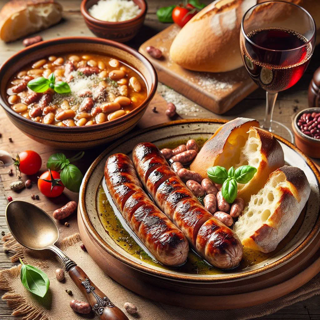 Italian sausage and white beans in a rich broth, garnished with fresh basil