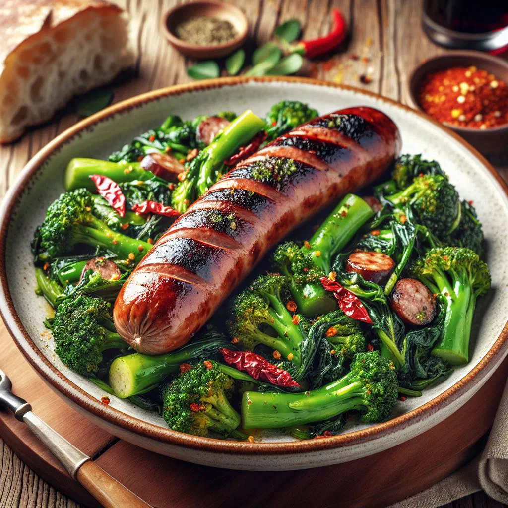 Pan of Italian pork sausages with sautéed friarielli greens and garlic
