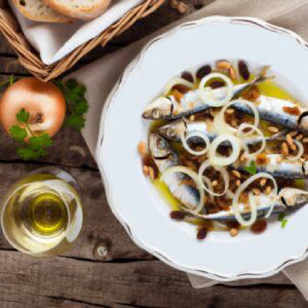 Sarde in saor — fried sardines layered with caramelised onions, raisins and pine nuts