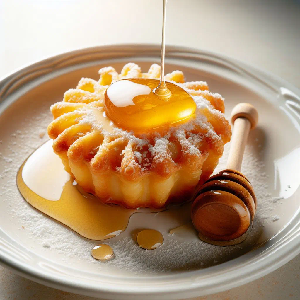 Golden fried Sardinian seadas drizzled with honey on a plate