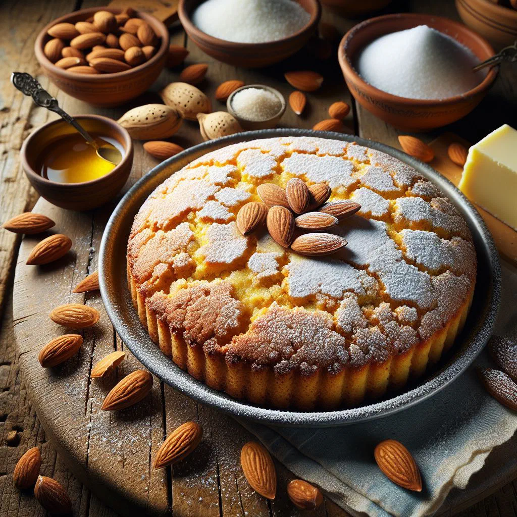 Rustic broken sbrisolona almond cake dusted with icing sugar