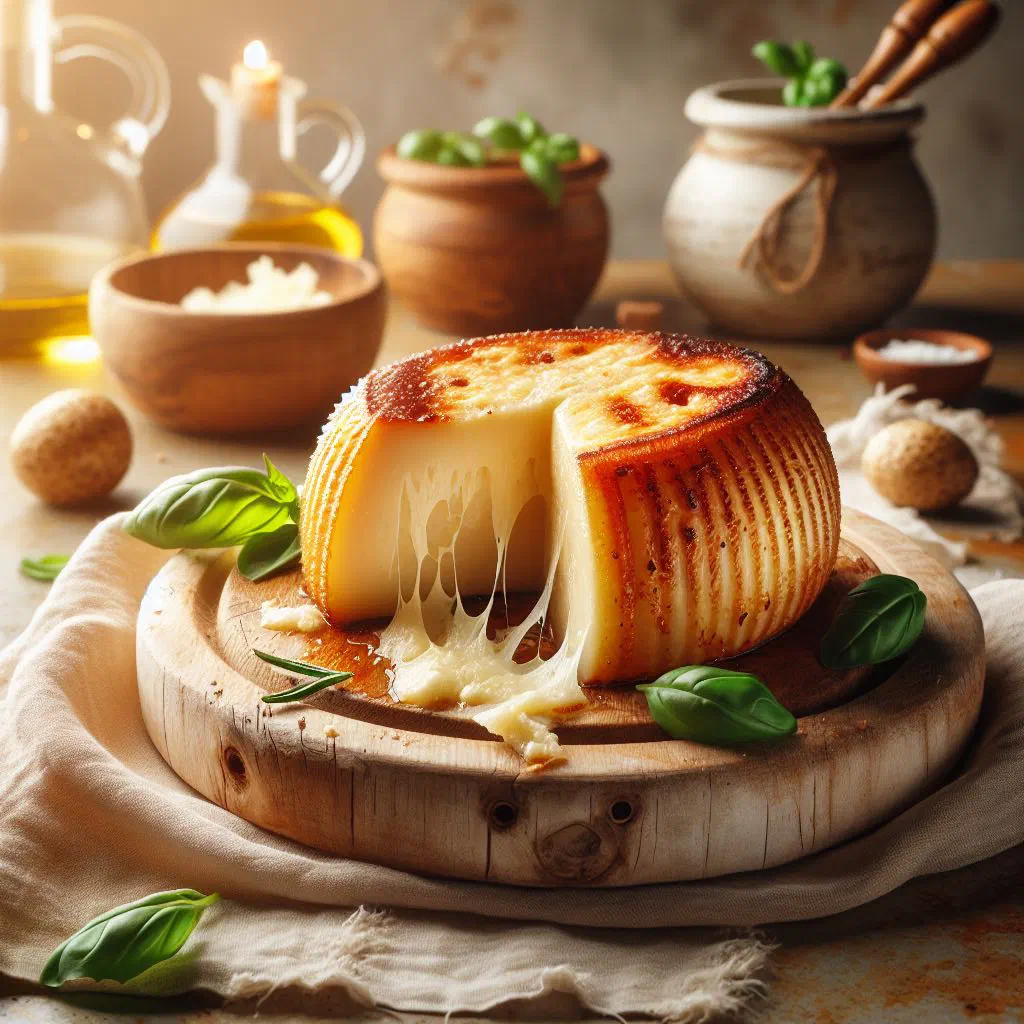 Grilled scamorza cheese with a golden crust served with fresh baguette
