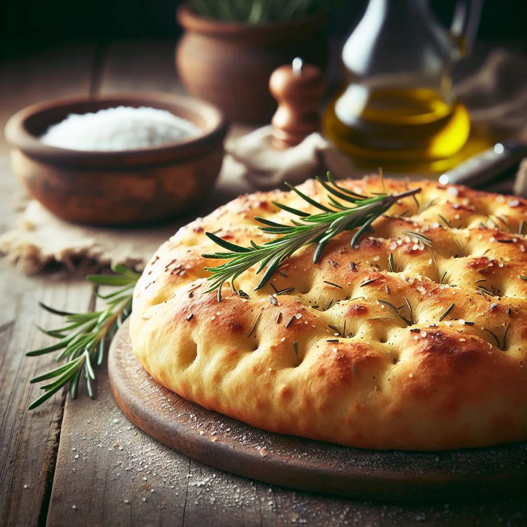 Golden Tuscan schiacciata flatbread topped with rosemary and olive oil