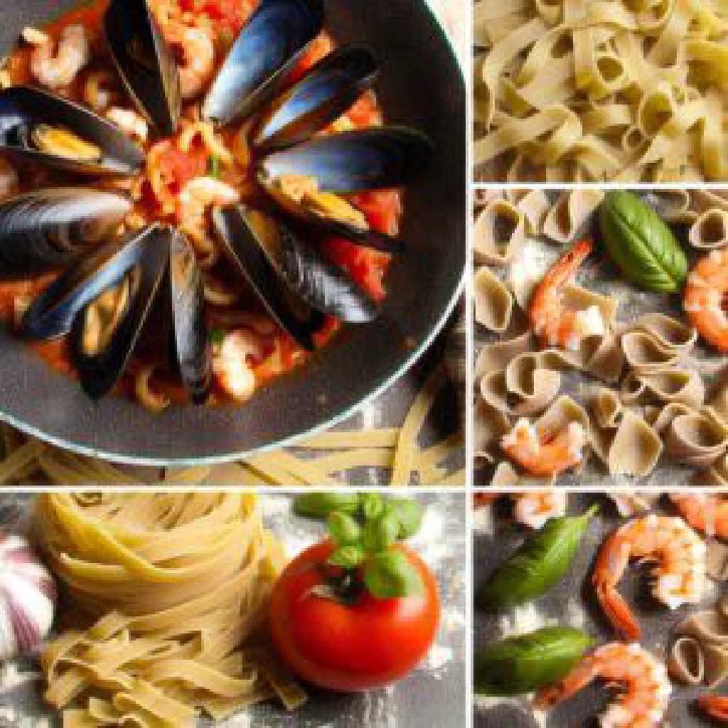 Scialatielli pasta tossed with mussels, prawns and cherry tomatoes