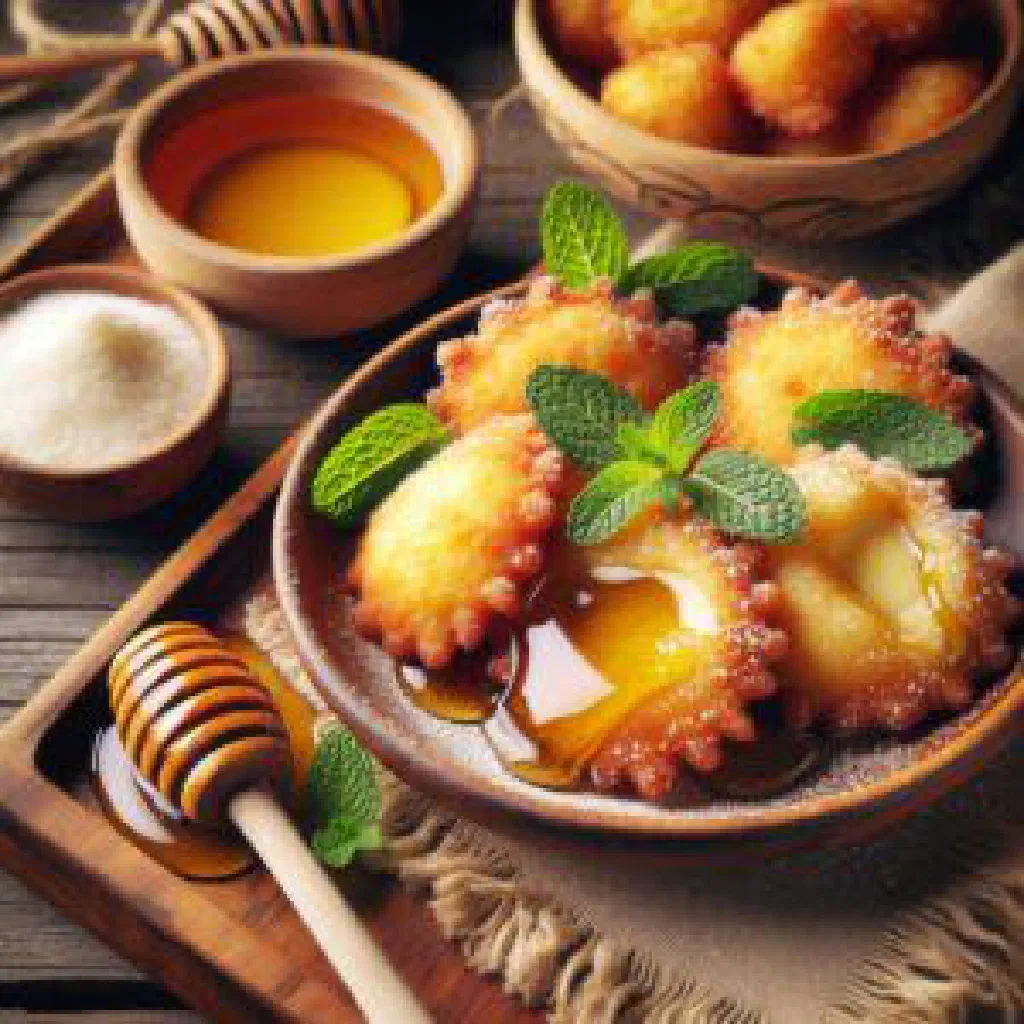 Golden fried seadas pastries drizzled with honey on a plate