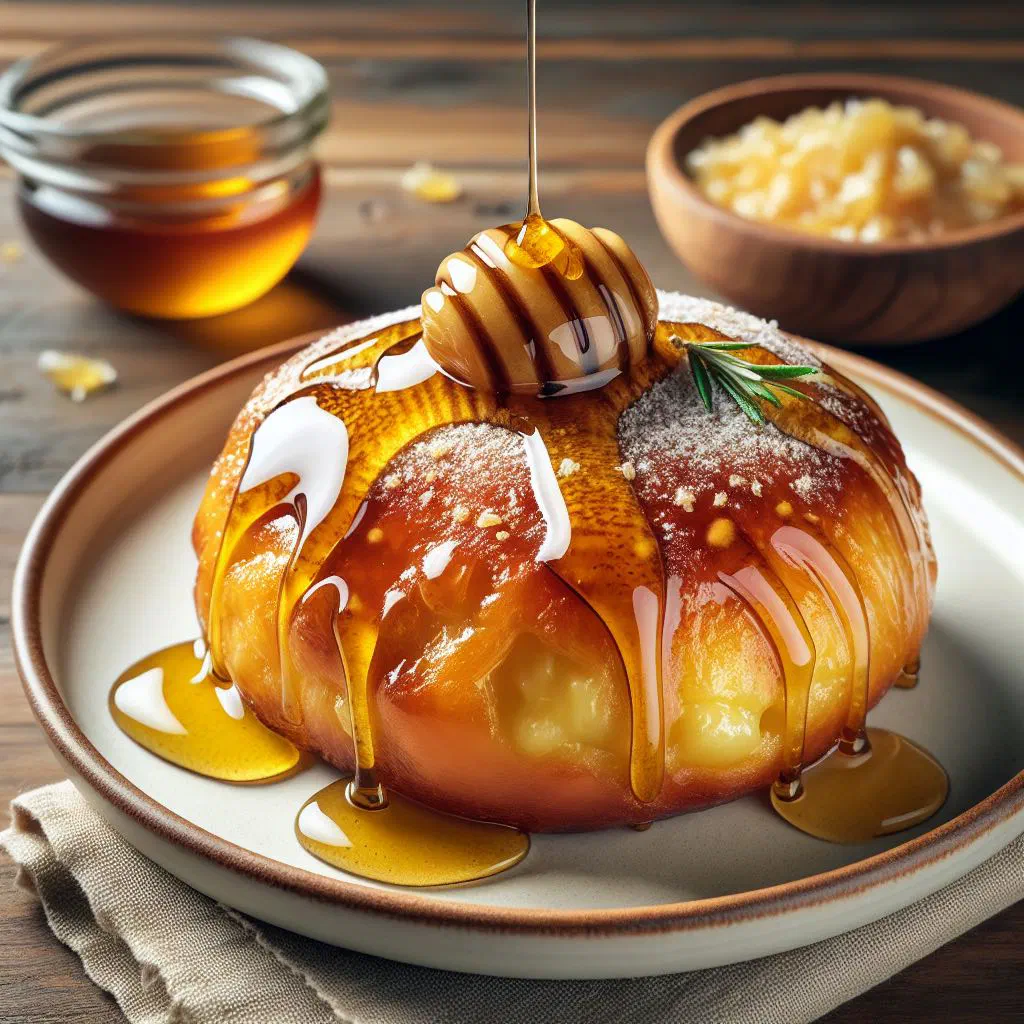 Golden fried seadas pastries drizzled with honey on a plate