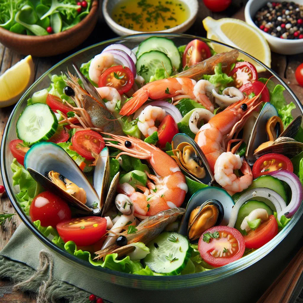 Italian seafood salad with squid, prawns and mussels dressed in olive oil and lemon