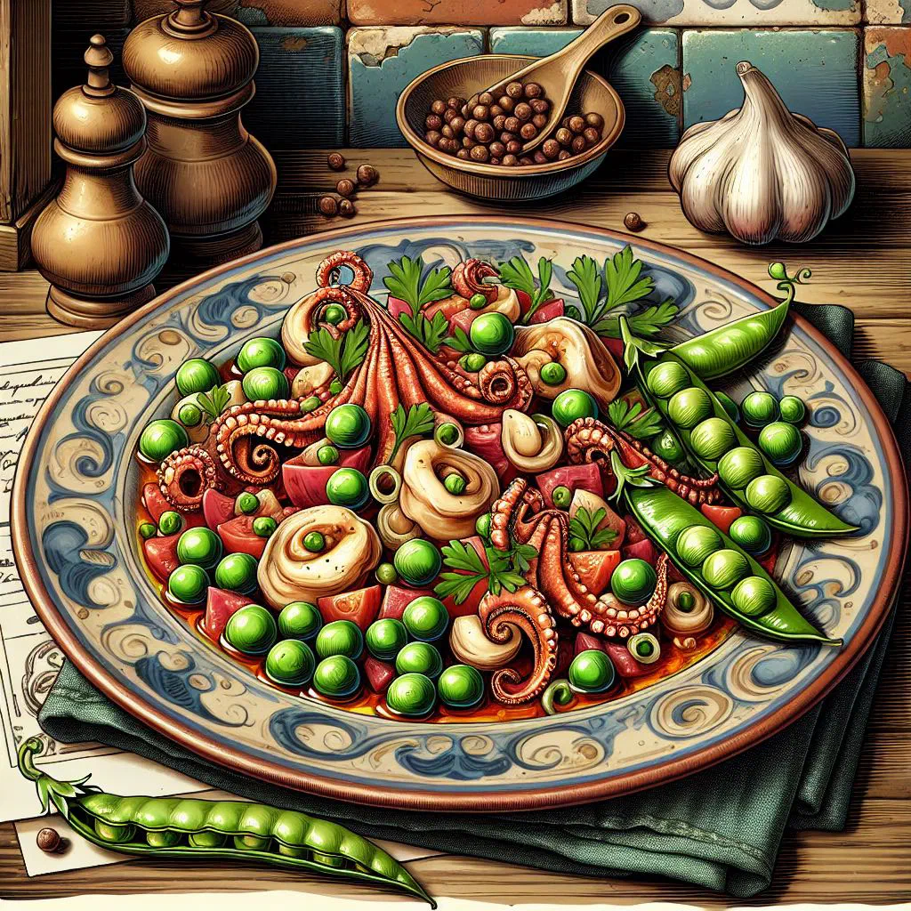 Cuttlefish and peas braised in tomato sauce, garnished with parsley
