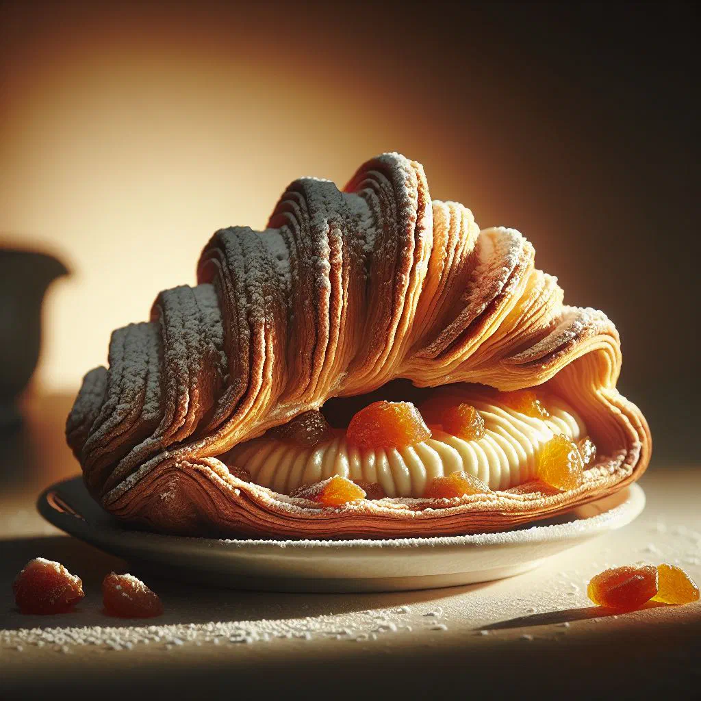 Crisp shell-shaped sfogliatella riccia dusted with icing sugar
