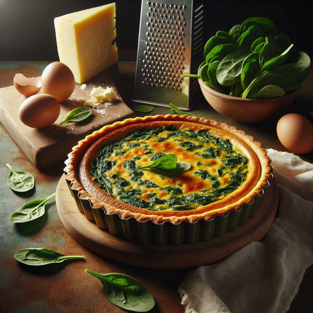 Spinach and ricotta flan turned out onto a plate