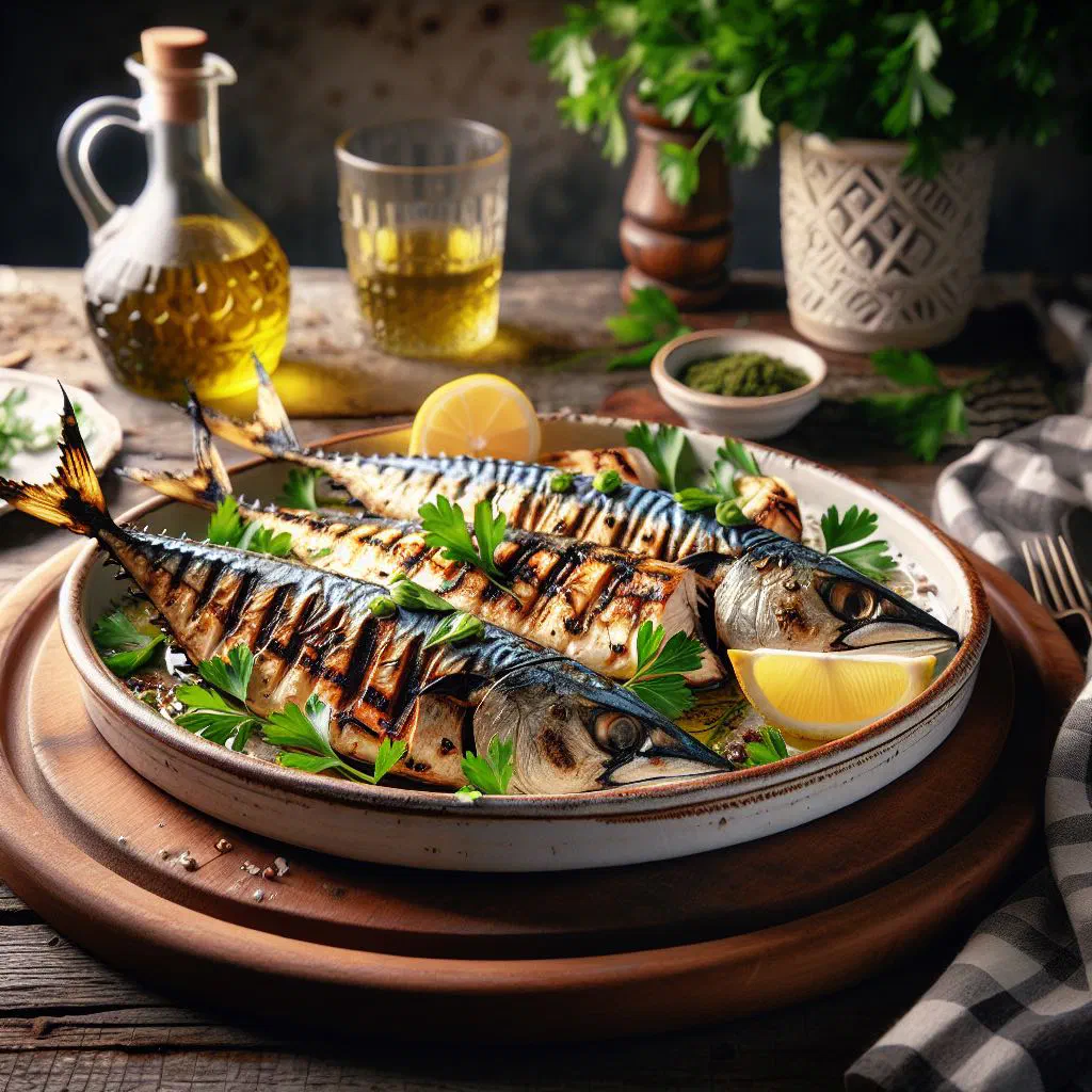 Grilled mackerel garnished with lemon slices and fresh parsley