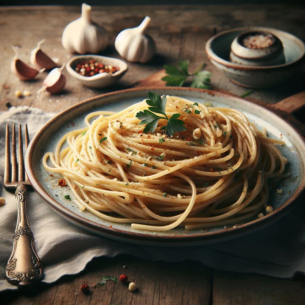 Spaghetti aglio e olio tossed with golden garlic, olive oil and parsley