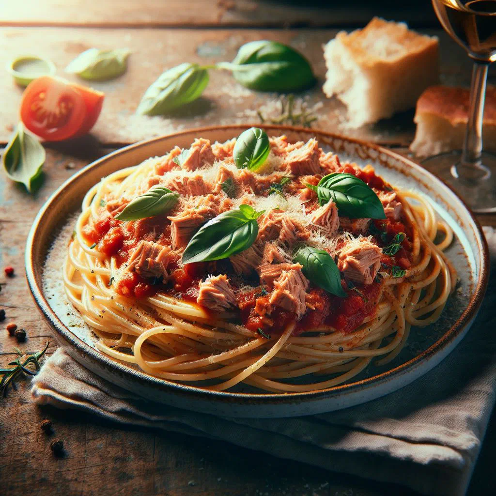 Spaghetti al tonno tossed with tuna and tomato sauce, garnished with fresh basil