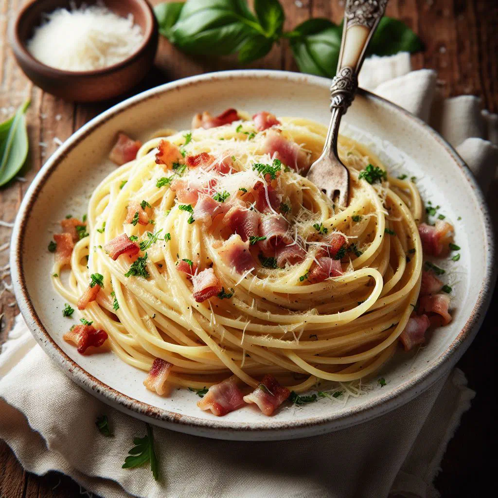 Spaghetti carbonara with a creamy egg sauce, guanciale and black pepper