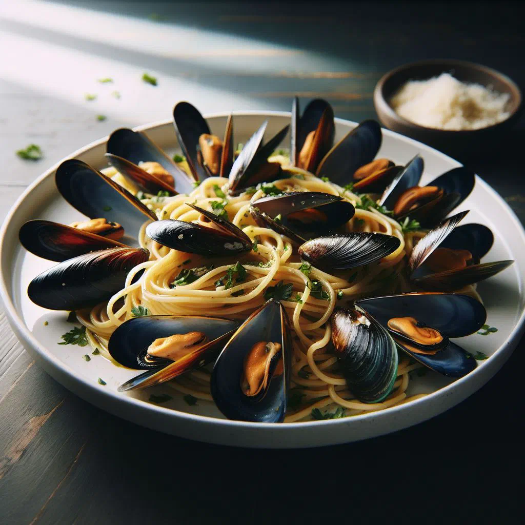 Spaghetti with mussels in a light tomato sauce, garnished with fresh herbs