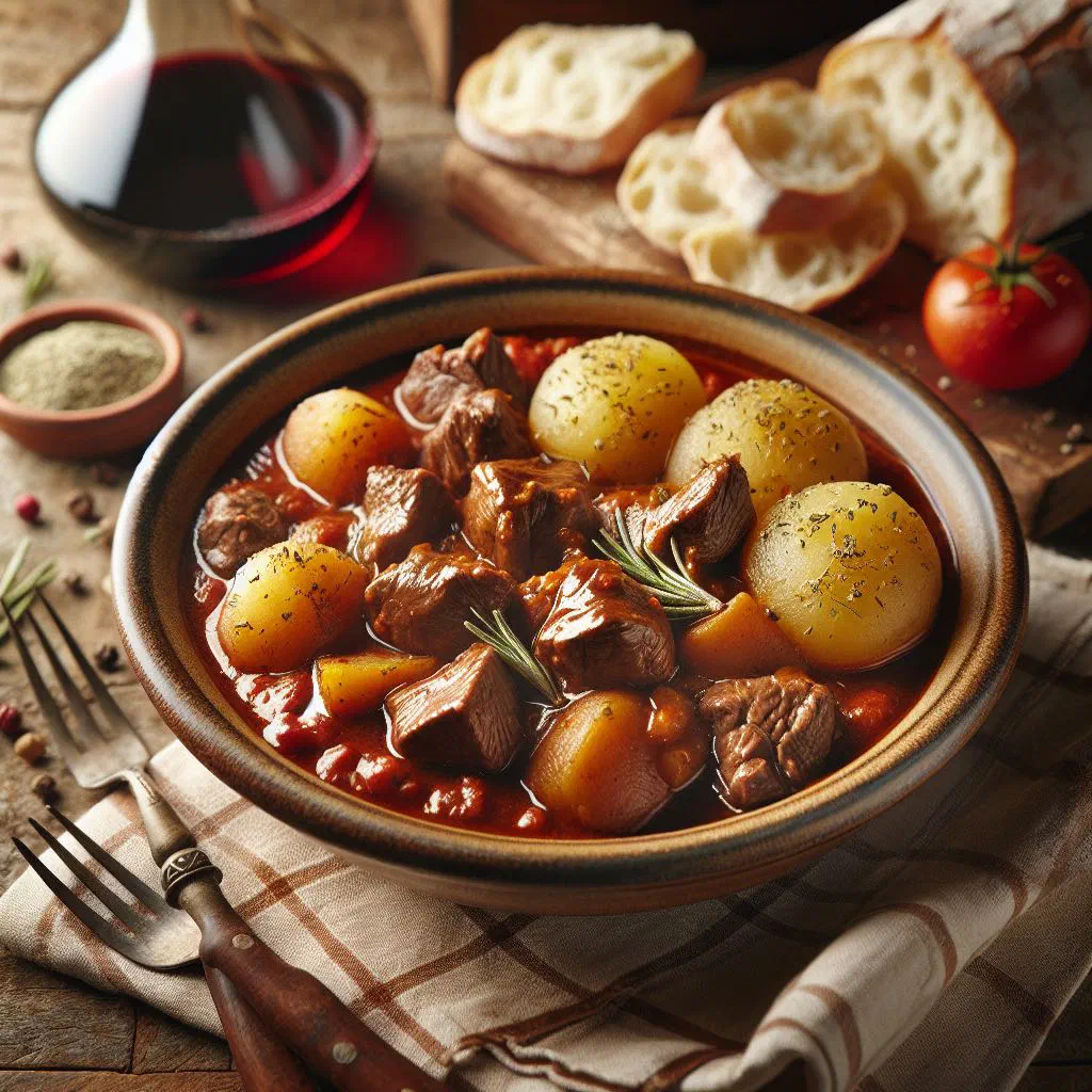 Italian beef and potato stew in a rustic bowl, garnished with fresh herbs