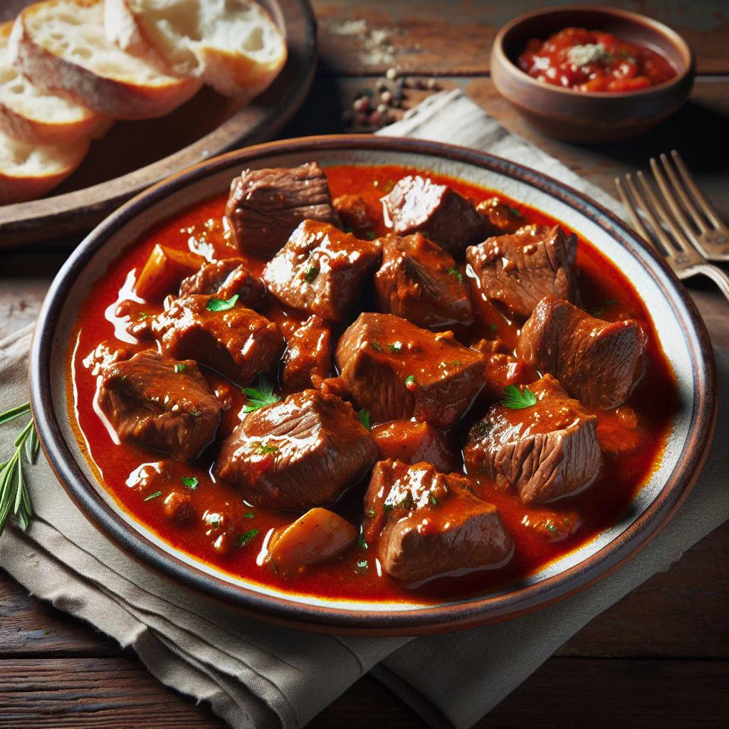 Bowl of braised veal stew with vegetables and fresh herbs