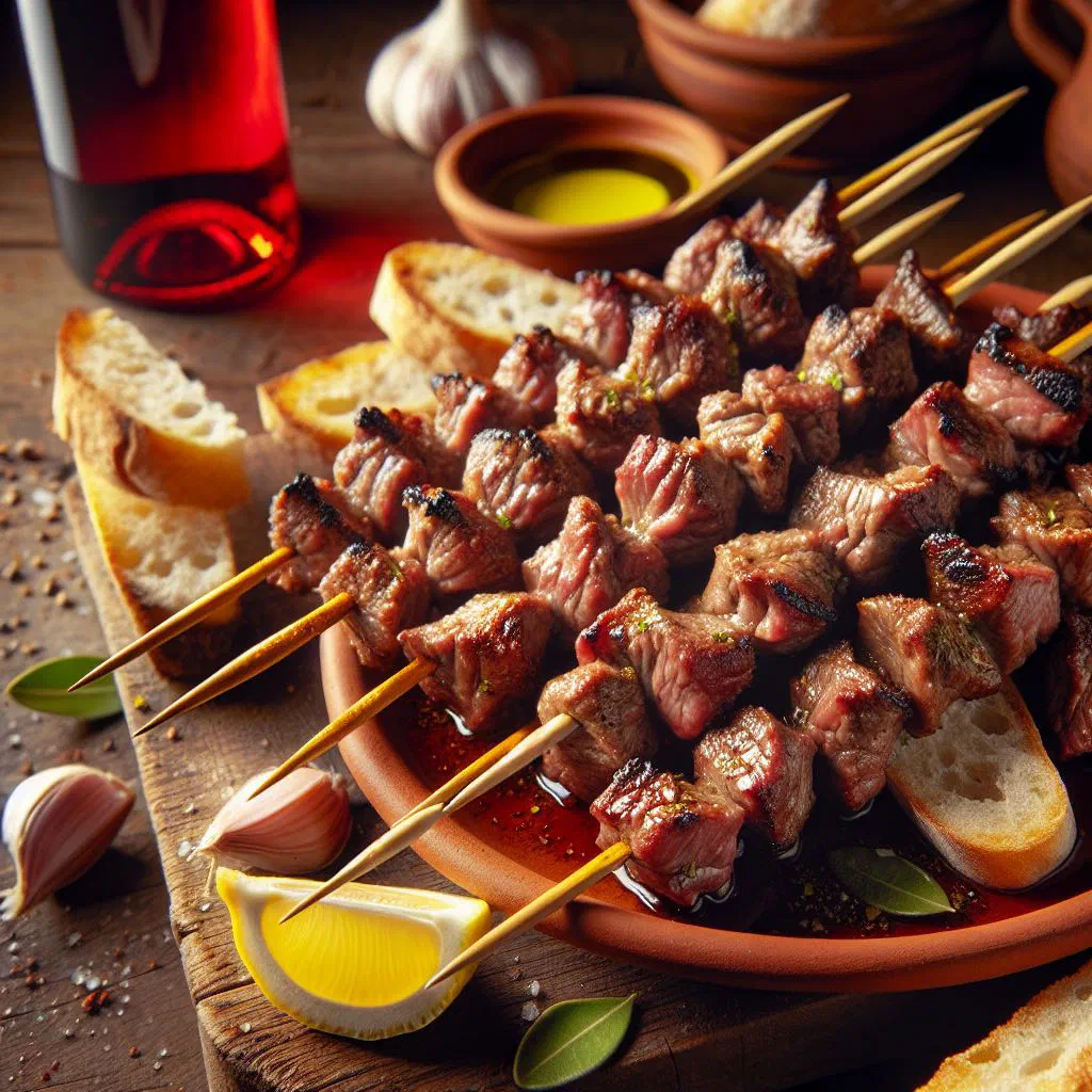 Grilled lamb spiedini skewers on a rustic wooden board with rosemary