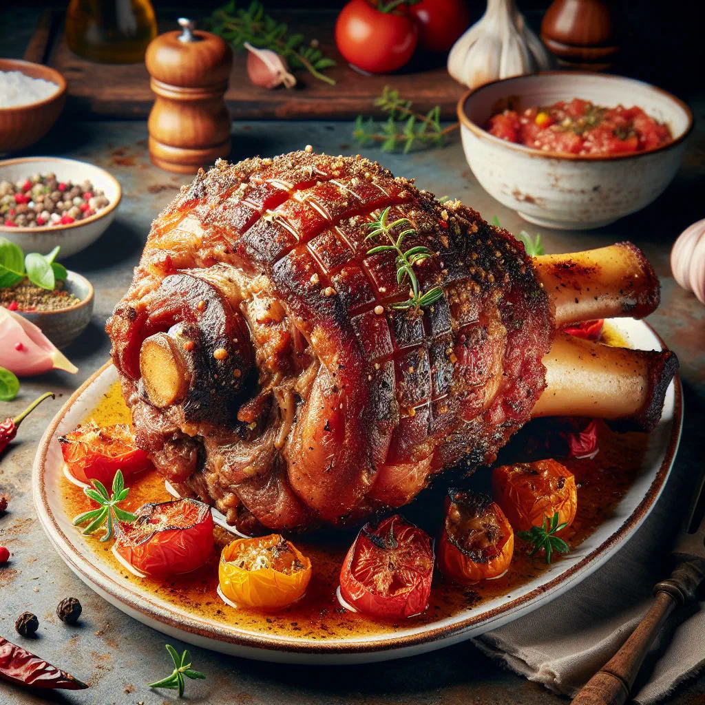 Roasted pork shank with crisp crackling, herbs and root vegetables