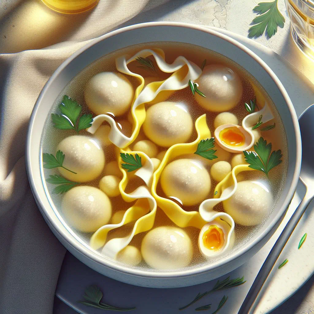 Bowl of Italian stracciatella soup with wisps of egg, parmesan and parsley