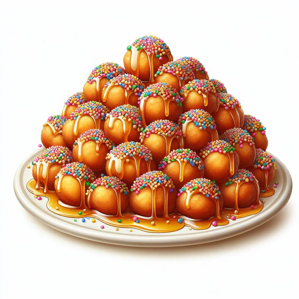 A mound of honey-glazed struffoli scattered with colourful sprinkles