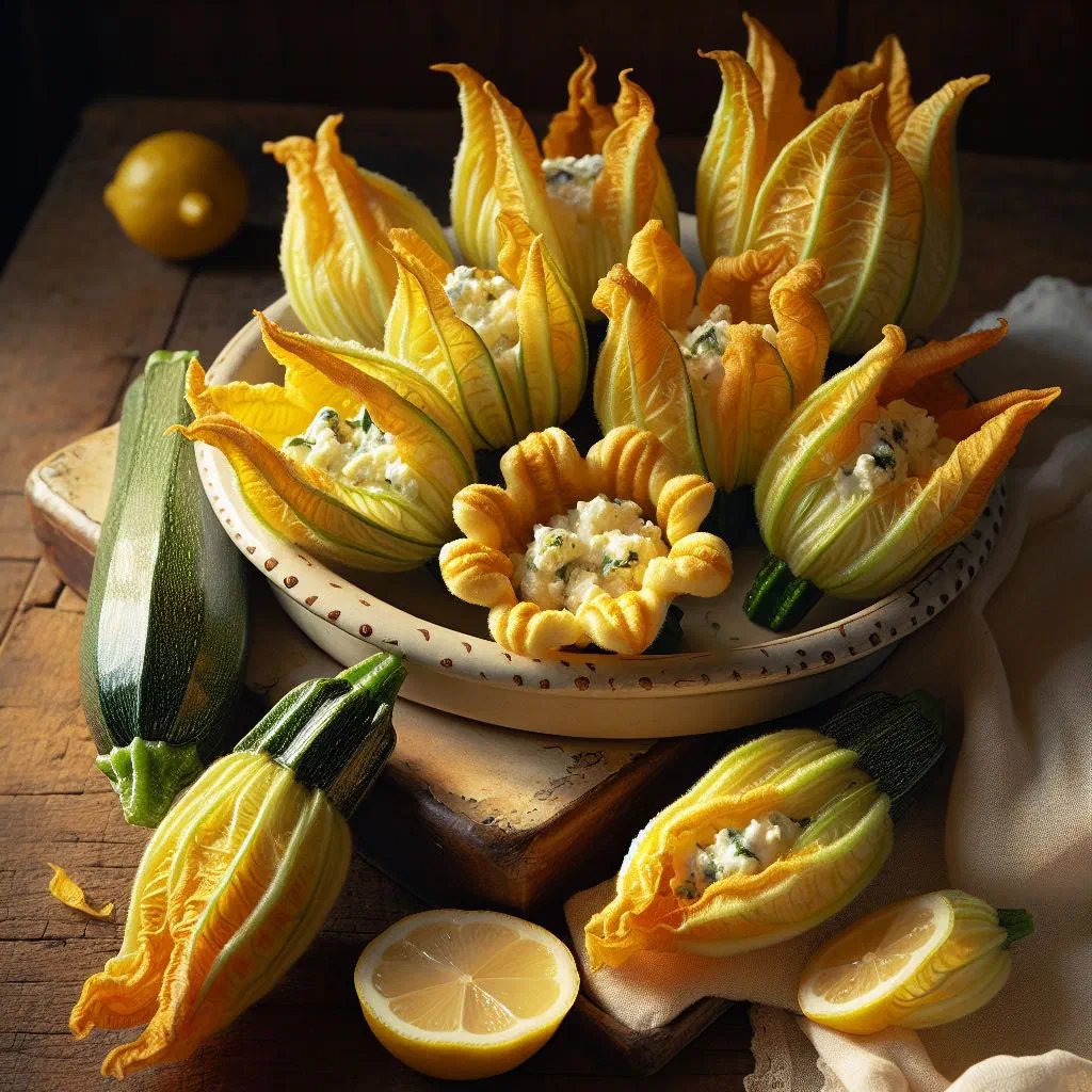 Golden fried courgette flowers filled with ricotta on a plate