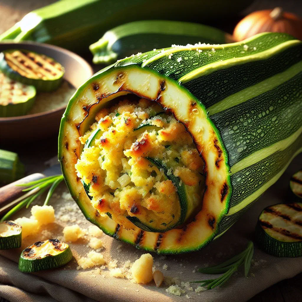 Baked stuffed courgette halves filled with minced beef and herbs