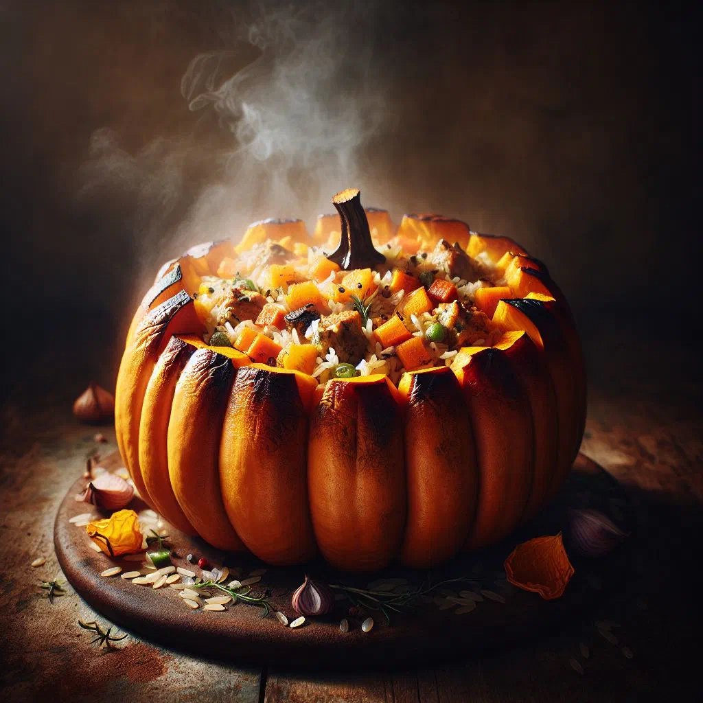 Roasted stuffed pumpkin halves filled with creamy ricotta and herbs