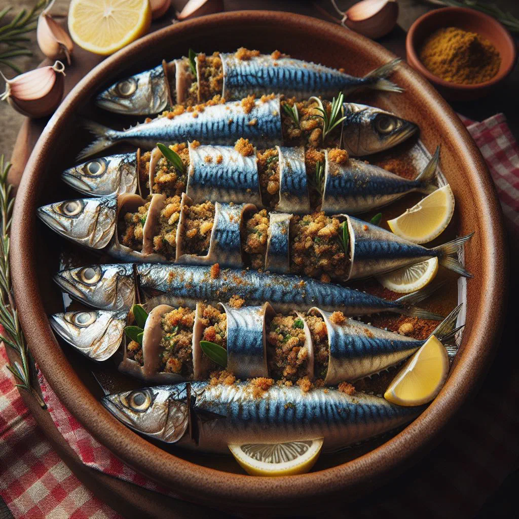 Golden pan-fried stuffed sardines garnished with fresh herbs and lemon