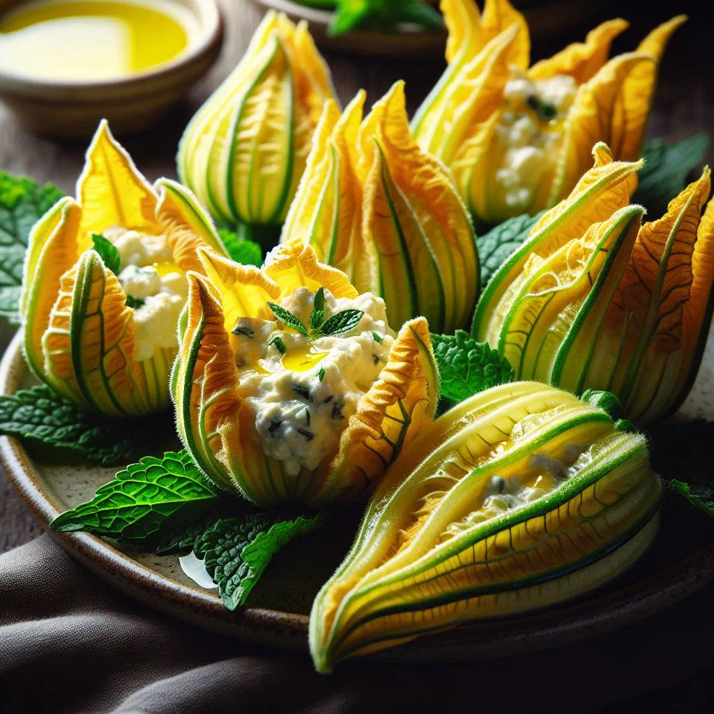 Golden fried stuffed zucchini flowers filled with ricotta and herbs