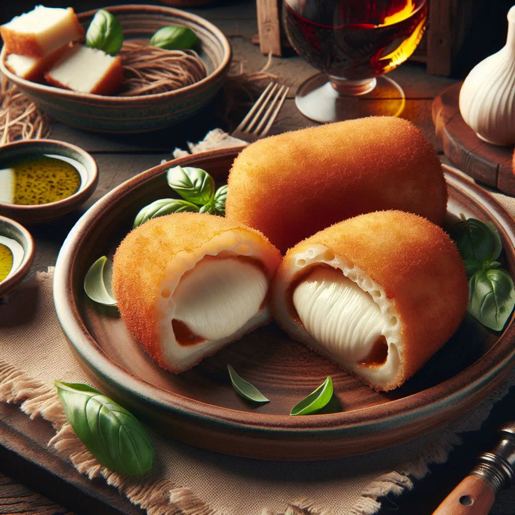 Golden fried Supplì al Telefono cut open to reveal a string of melted mozzarella