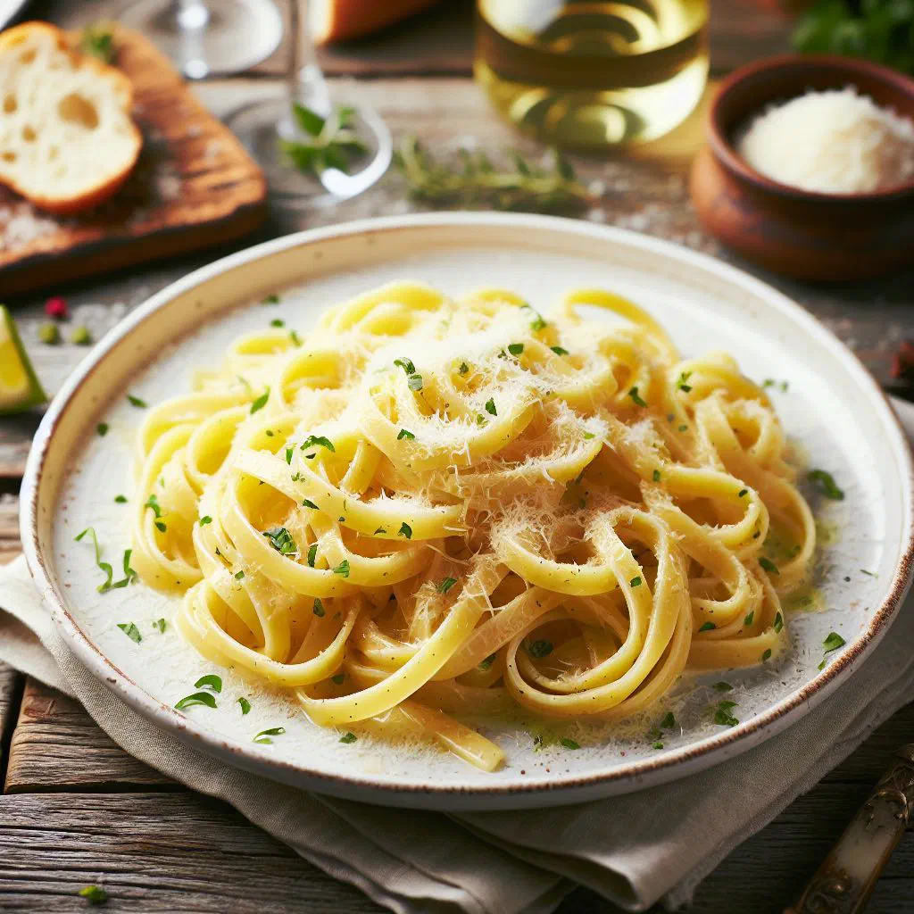 Tagliolini al limone in a deep bowl with lemon zest and fresh basil